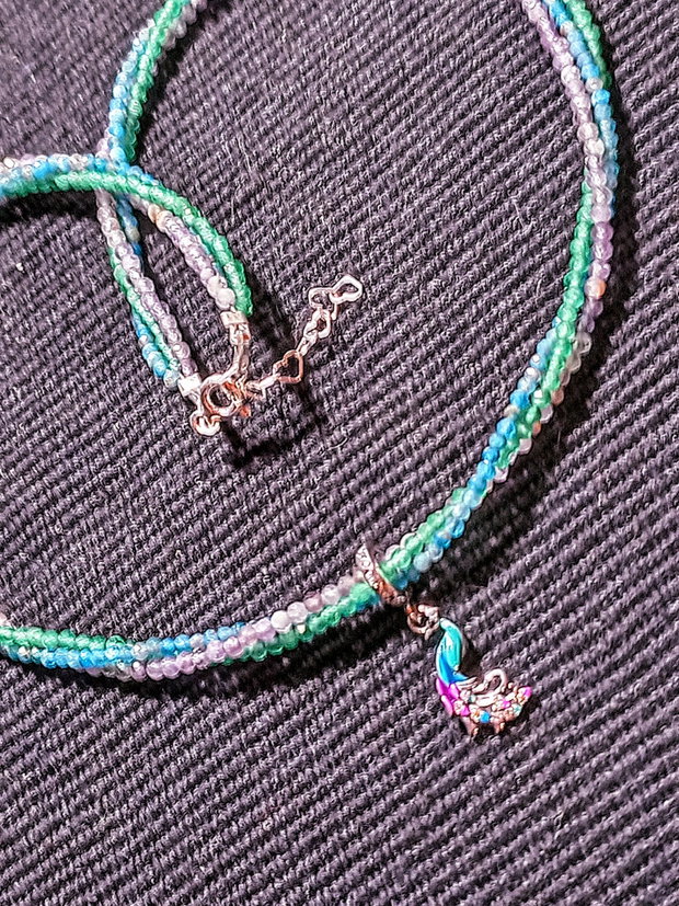 Colier argint X3 apatit ametist calcedonie charm argint emailat paun pasare multicolor minimalist boho chic trendy - Transport gratuit