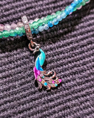 Colier argint X3 apatit ametist calcedonie charm argint emailat paun pasare multicolor minimalist boho chic trendy - Transport gratuit