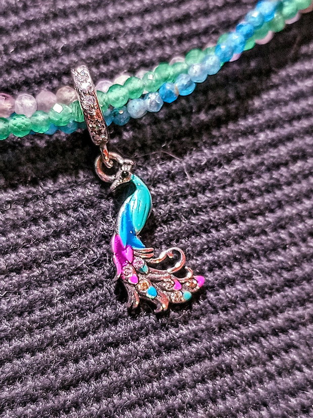 Colier argint X3 apatit ametist calcedonie charm argint emailat paun pasare multicolor minimalist boho chic trendy - Transport gratuit