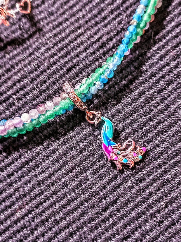 Colier argint X3 apatit ametist calcedonie charm argint emailat paun pasare multicolor minimalist boho chic trendy - Transport gratuit