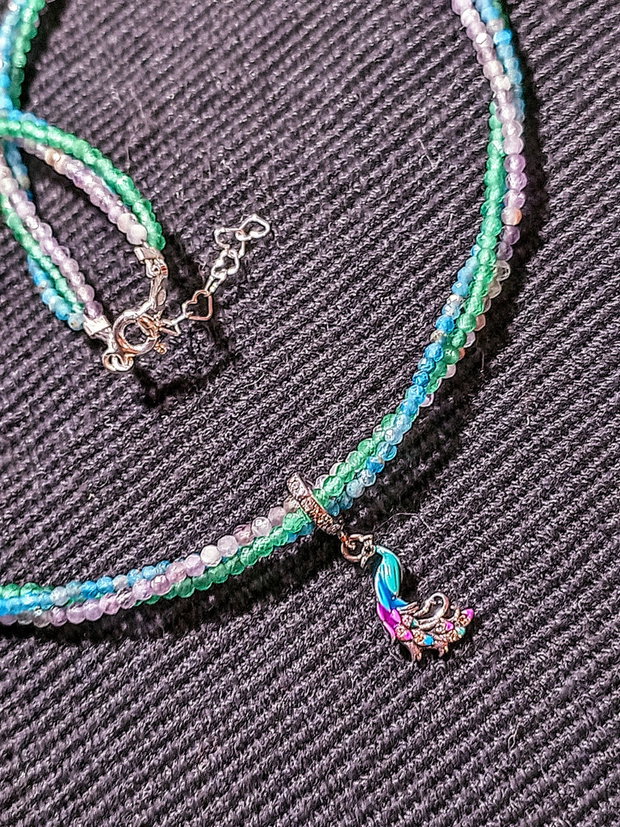 Colier argint X3 apatit ametist calcedonie charm argint emailat paun pasare multicolor minimalist boho chic trendy - Transport gratuit