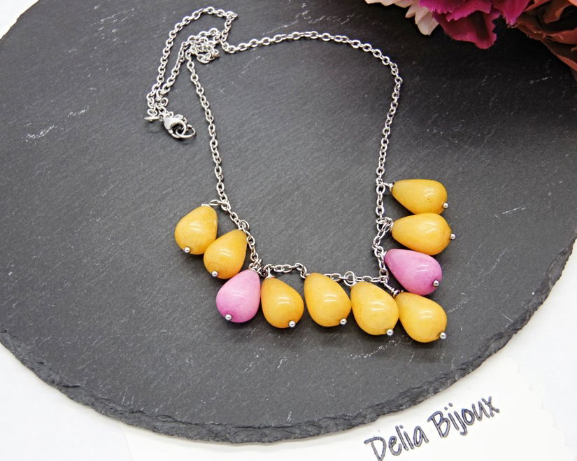 Colier handmade din jad galben și roz bijuterii unicat (cod1350)