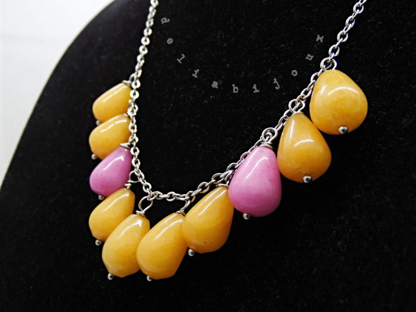 Colier handmade din jad galben și roz bijuterii unicat (cod1350)