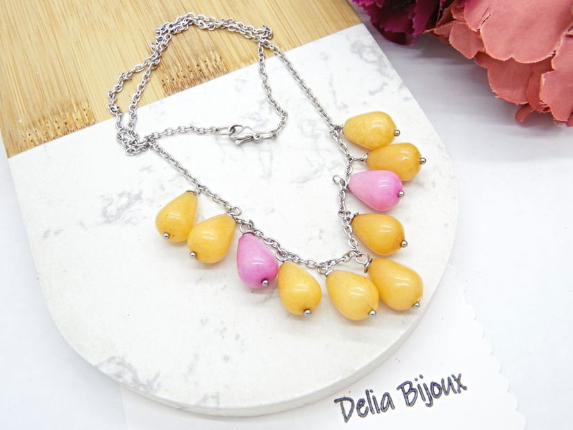 Colier handmade din jad galben și roz bijuterii unicat (cod1350)