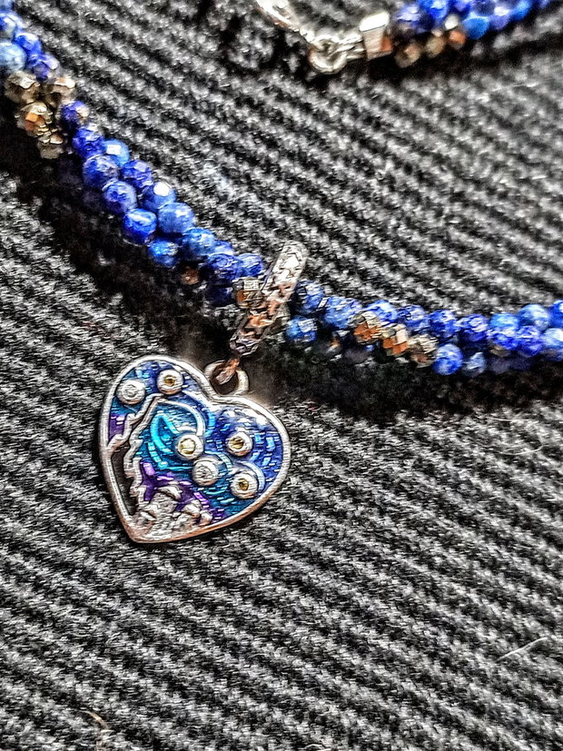 Colier argint X3 lapis lazuli pirita charm argint emailat inima Starry Night minimalist romantic boho chic trendy - Transport gratuit