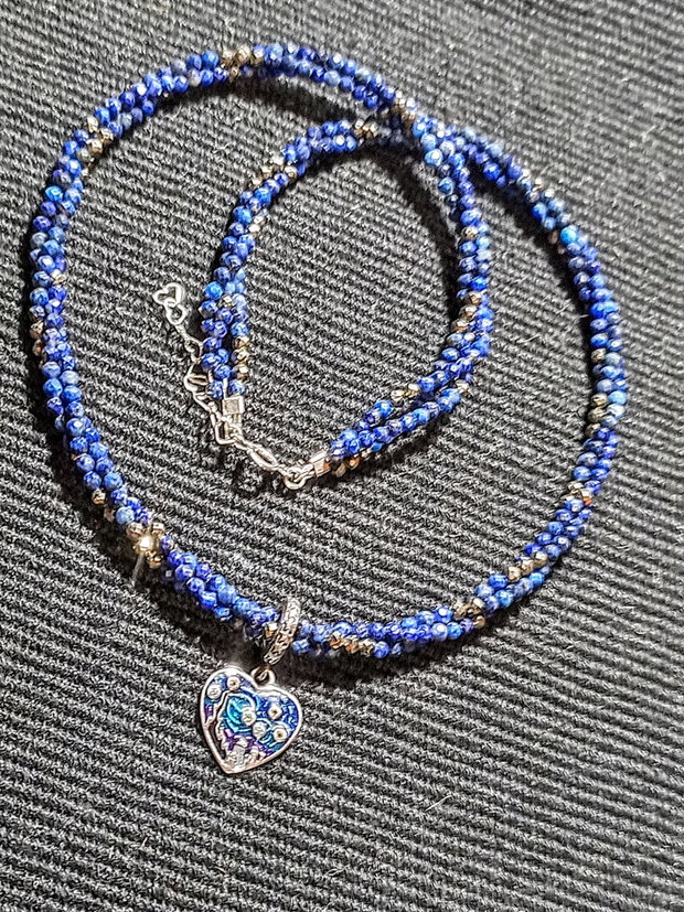Colier argint X3 lapis lazuli pirita charm argint emailat inima Starry Night minimalist romantic boho chic trendy - Transport gratuit