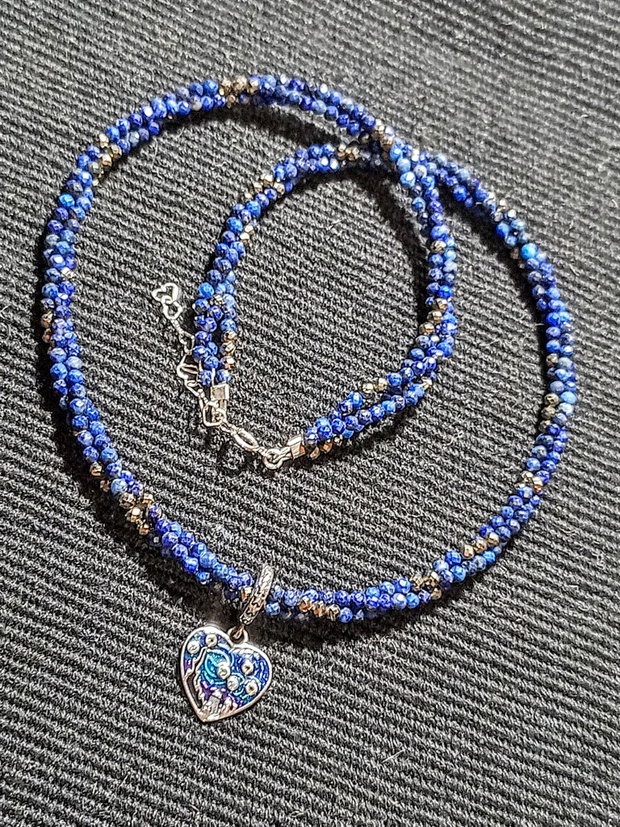 Colier argint X3 lapis lazuli pirita charm argint emailat inima Starry Night minimalist romantic boho chic trendy - Transport gratuit