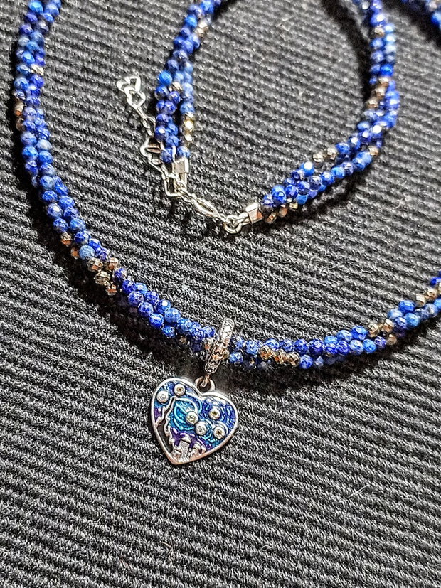 Colier argint X3 lapis lazuli pirita charm argint emailat inima Starry Night minimalist romantic boho chic trendy - Transport gratuit