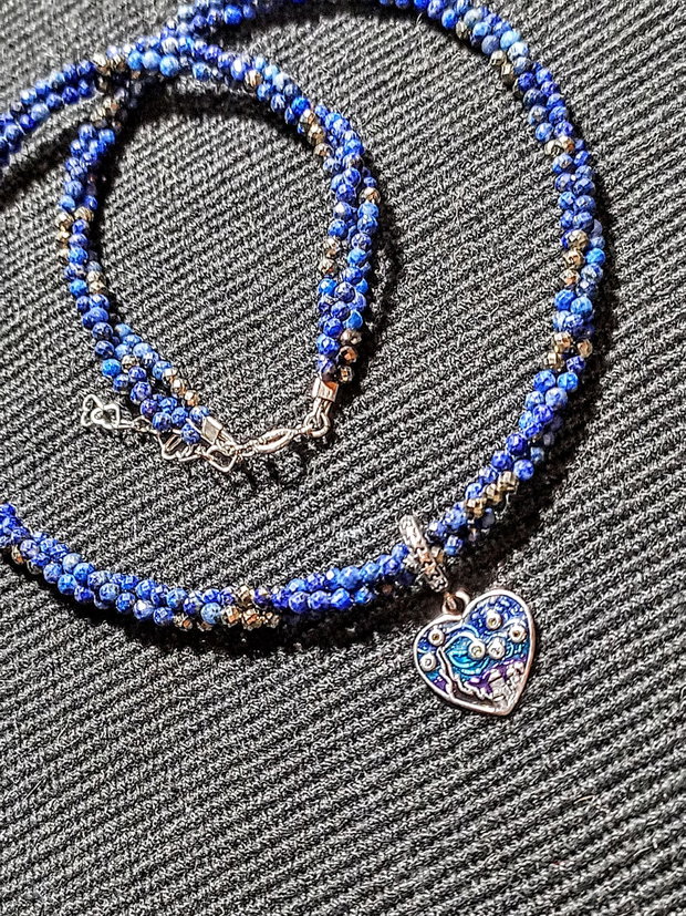 Colier argint X3 lapis lazuli pirita charm argint emailat inima Starry Night minimalist romantic boho chic trendy - Transport gratuit