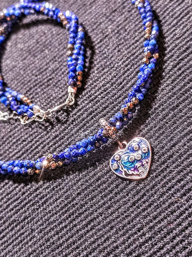 Colier argint X3 lapis lazuli pirita charm argint emailat inima Starry Night minimalist romantic boho chic trendy - Transport gratuit