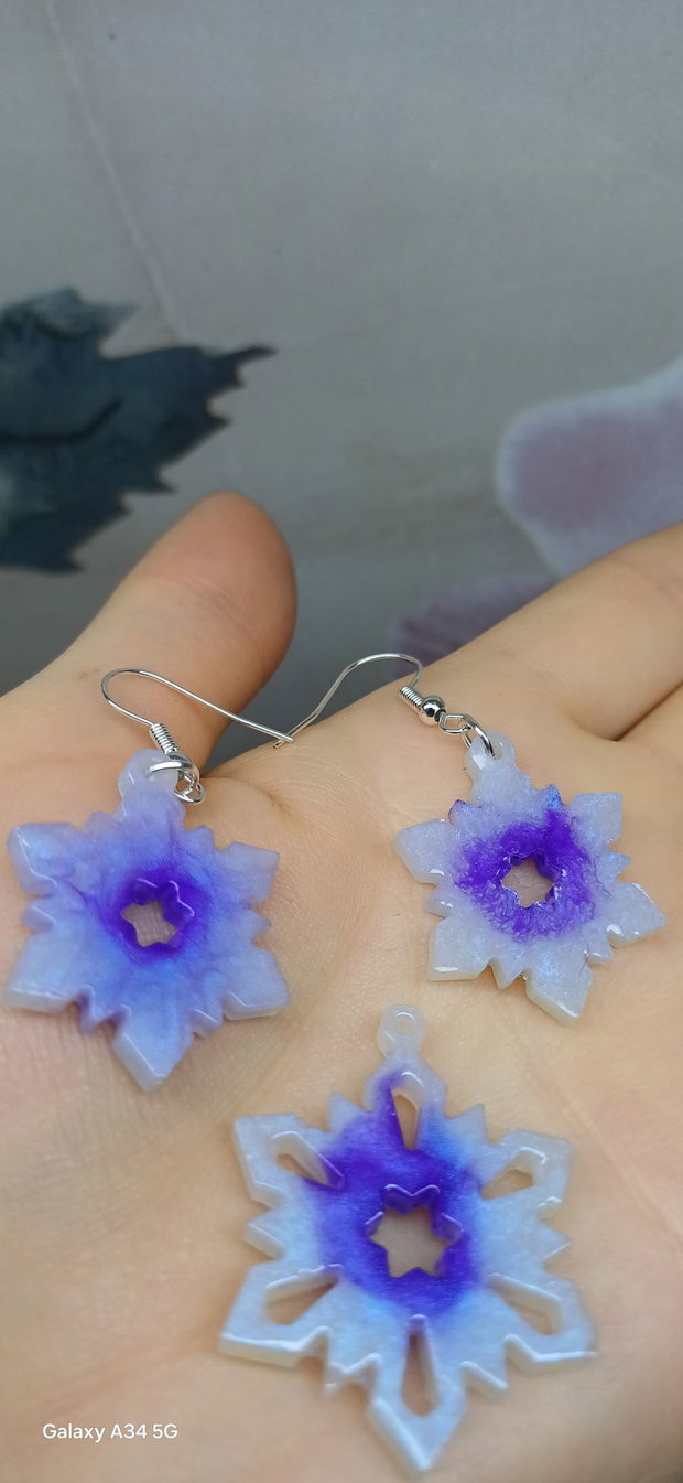 Cercei handmade + pandantiv fulg de nea albastru