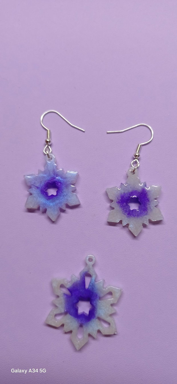 Cercei handmade + pandantiv fulg de nea albastru