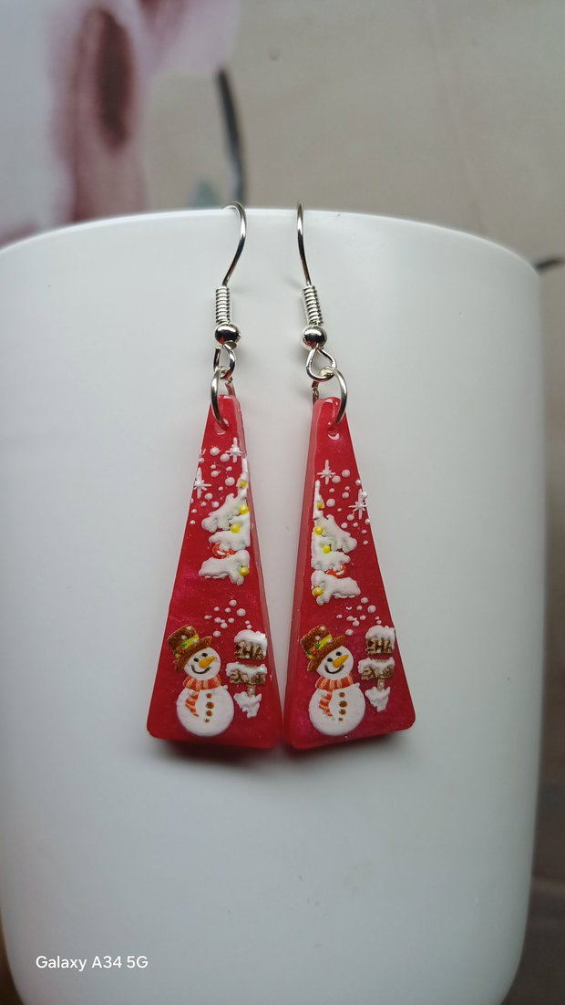 Cercei handmade rosii cu om de zapada