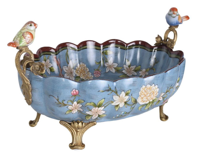 Fructiera Craquelle din portelan cu picioruse din bronz