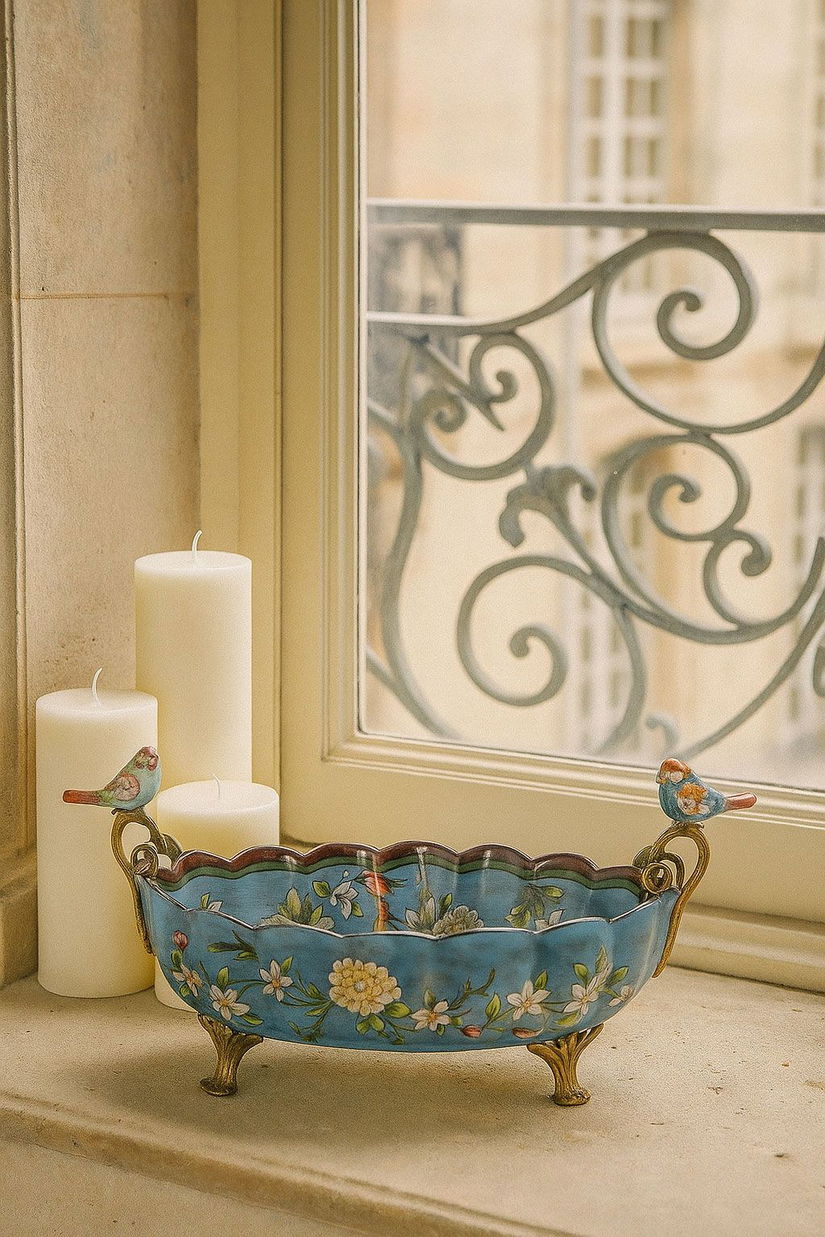 Fructiera Craquelle din portelan cu picioruse din bronz