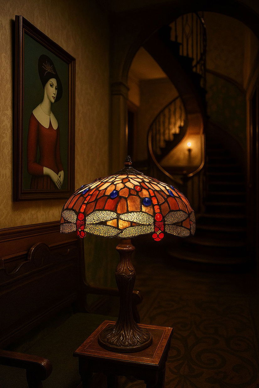 Lampa de masa Tiffany cu libelule si flori