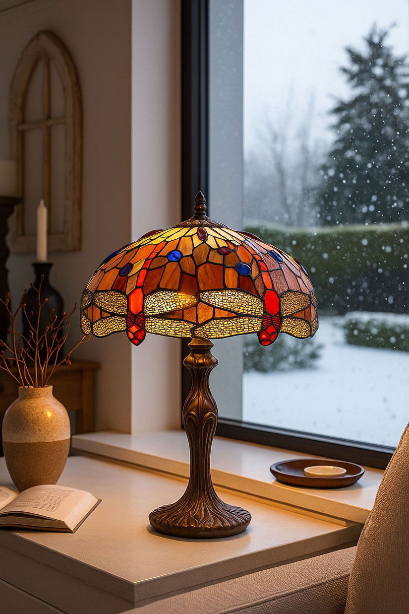 Lampa de masa Tiffany cu libelule si flori