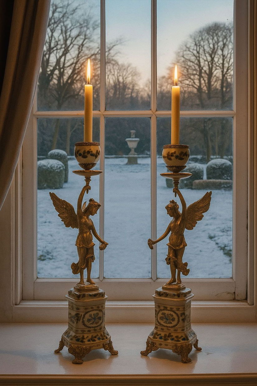 Set doua sfesnice Craquelle din portelan cu ingeri bronz