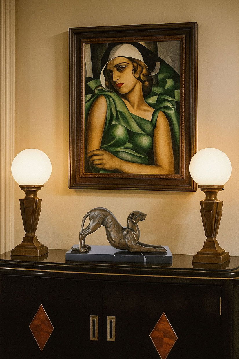 Pantera-statueta Art Deco din bronz cu un soclu din marmura