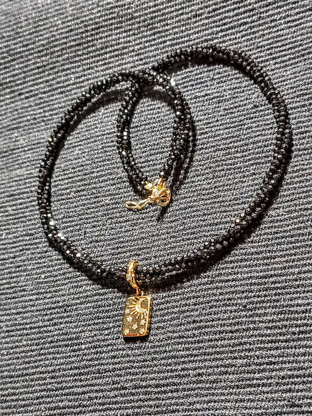 Colier vermeil X3 spinel negru charm argint placat cu aur cu mesaj minimalist boho chic trendy - Transport gratuit