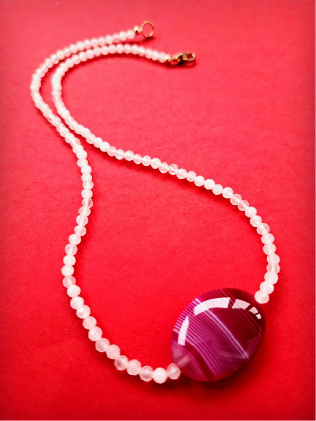 Colier CHOKER cuart roz & agata dantela ciclam