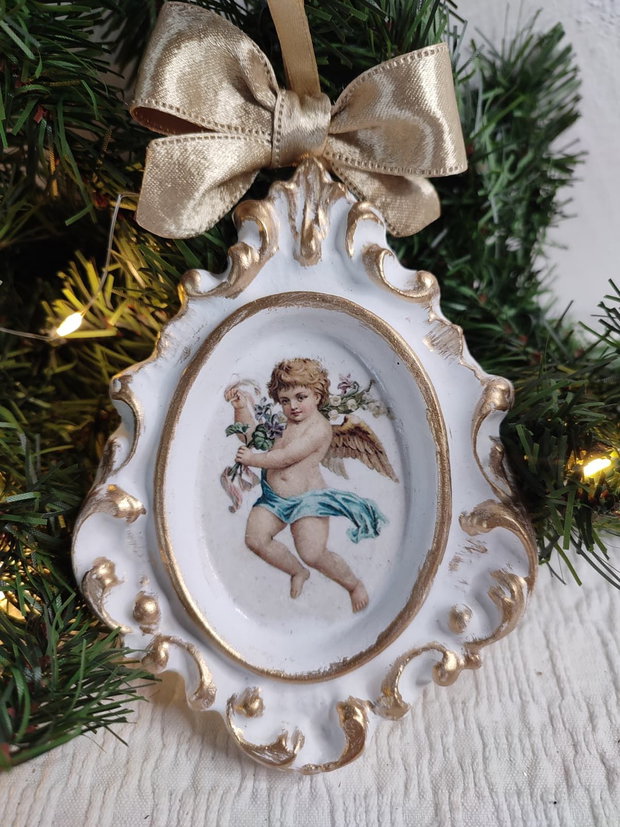 Ornament Crăciun handmade înger vintage în ramă ceramică