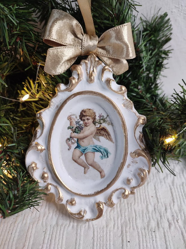 Ornament Crăciun handmade înger vintage în ramă ceramică
