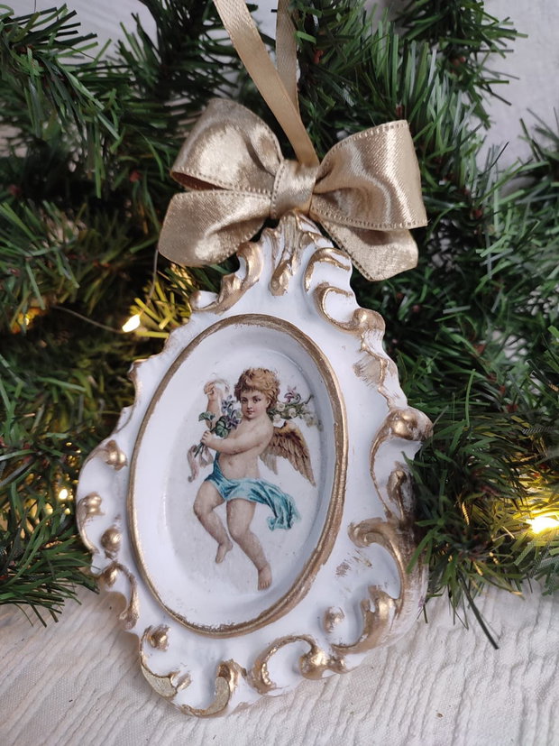 Ornament Crăciun handmade înger vintage în ramă ceramică