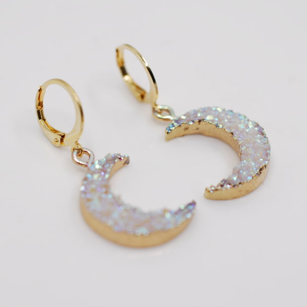 HOLOGRAPHIC MOON Cercei luna, din inox si rasina, cercei lungi, cercei statement, cercei handmade