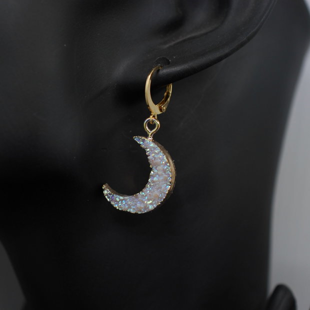 HOLOGRAPHIC MOON Cercei luna, din inox si rasina, cercei lungi, cercei statement, cercei handmade