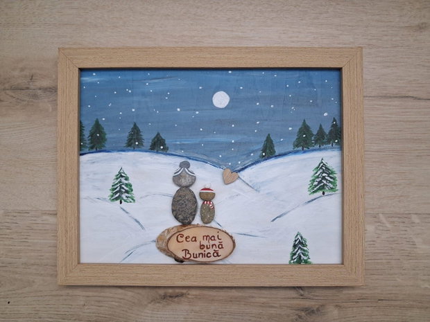 Cadou / Tablou pietre [Pebble art] peisaj iarna personalizat Cea mai buna Bunica