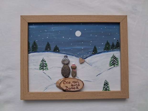 Cadou / Tablou pietre [Pebble art] peisaj iarna personalizat Cea mai buna Bunica