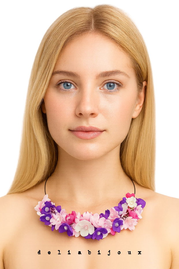 Colier handmade statement cu flori multicolore (cod1349)