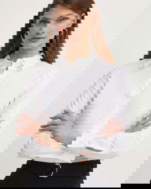 BOSS cămașă Bashinah femei, culoarea alb, cu guler clasic, slim