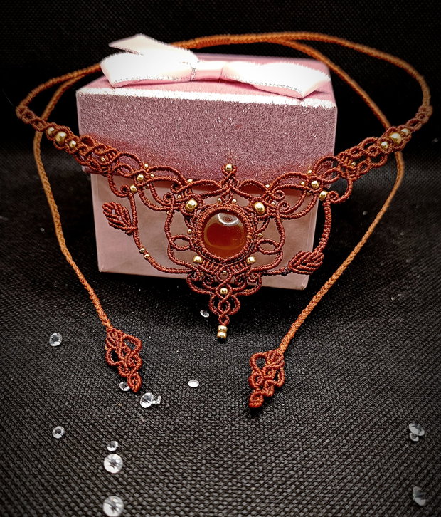 Colier fairy frunze micromacrame Carneol