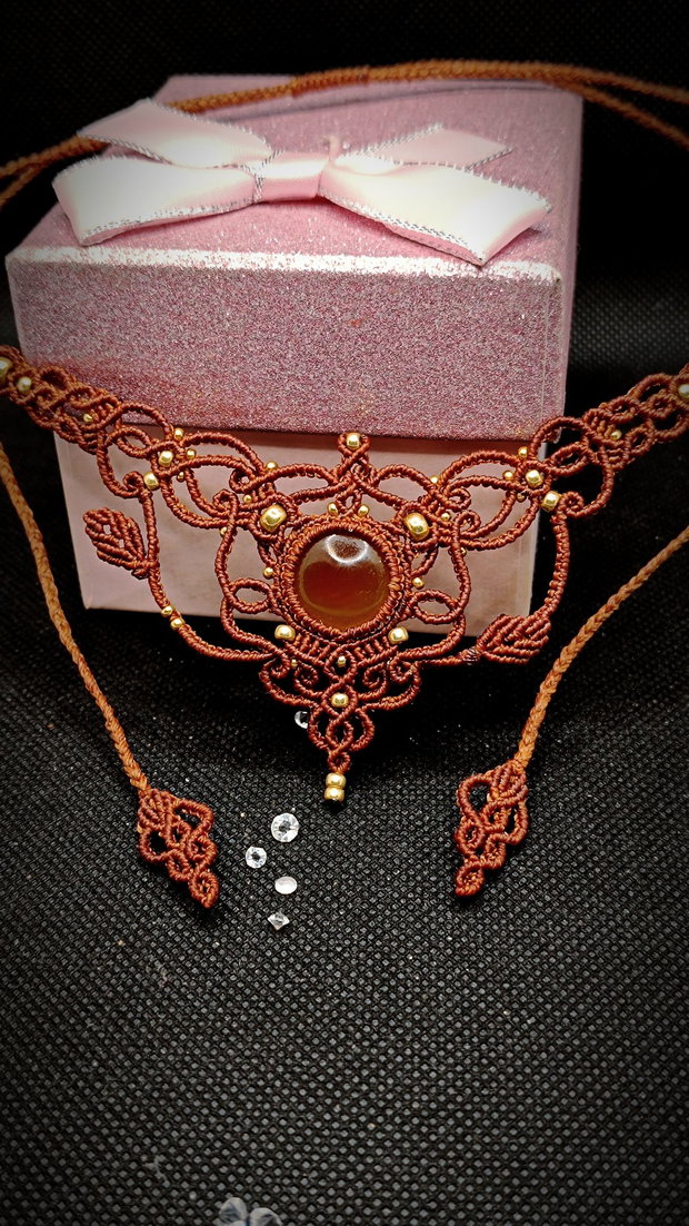 Colier fairy frunze micromacrame Carneol
