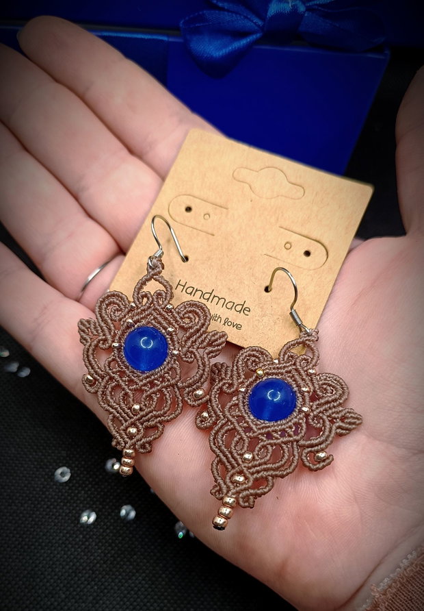 Cercei micromacrame cu jad albastru