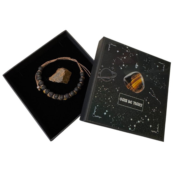 Set barbati cadou bratara si cristal brut - Ochi de tigru