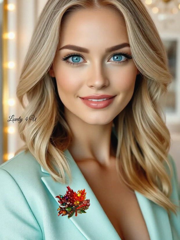 Broșă elegantă frunză de toamnă handmade cu pietre semiprețioase citrin, jad, unakit, jasp, coral, carneol bijuterie unicat cadou cu semnificație LOVELY 4 U