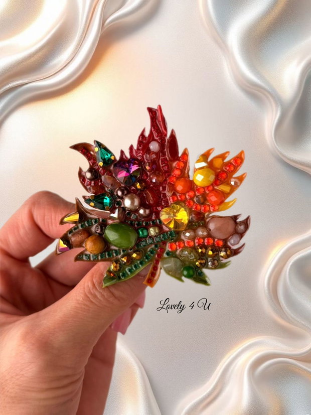 Broșă elegantă frunză de toamnă handmade cu pietre semiprețioase citrin, jad, unakit, jasp, coral, carneol bijuterie unicat cadou cu semnificație LOVELY 4 U