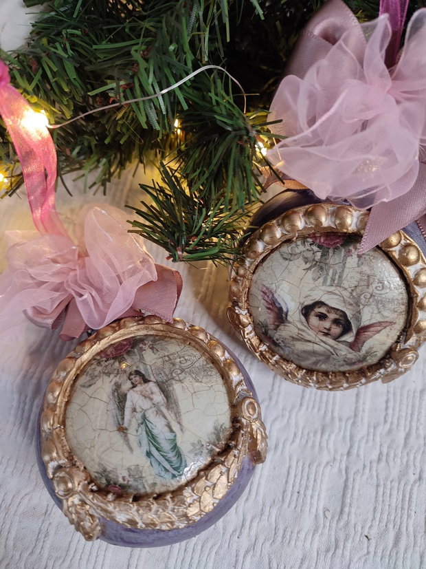 Set de 2 globuri vintage îngeri și vis de Crăciun