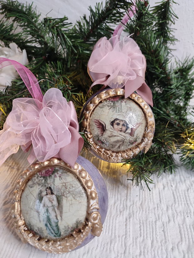 Set de 2 globuri vintage îngeri și vis de Crăciun