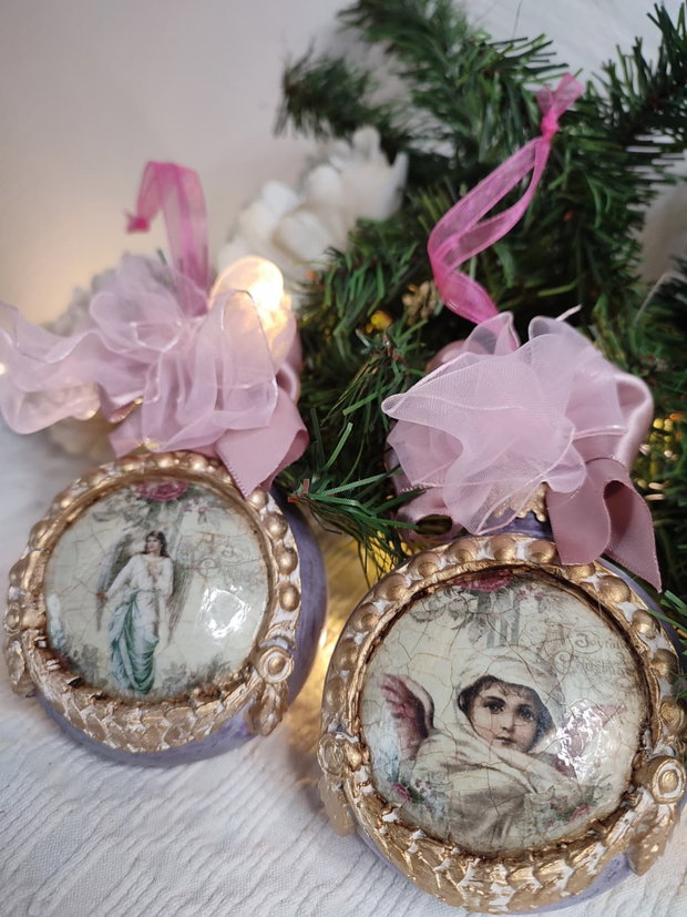 Set de 2 globuri vintage îngeri și vis de Crăciun