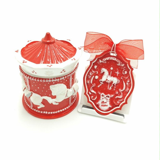 Set decorativ de Craciun pictat manual, carusel rosu alb, 4556