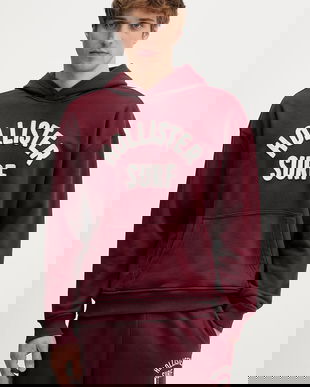 Hollister Co. bluză culoarea bordo, cu glugă, cu imprimeu, KI322-5388-530