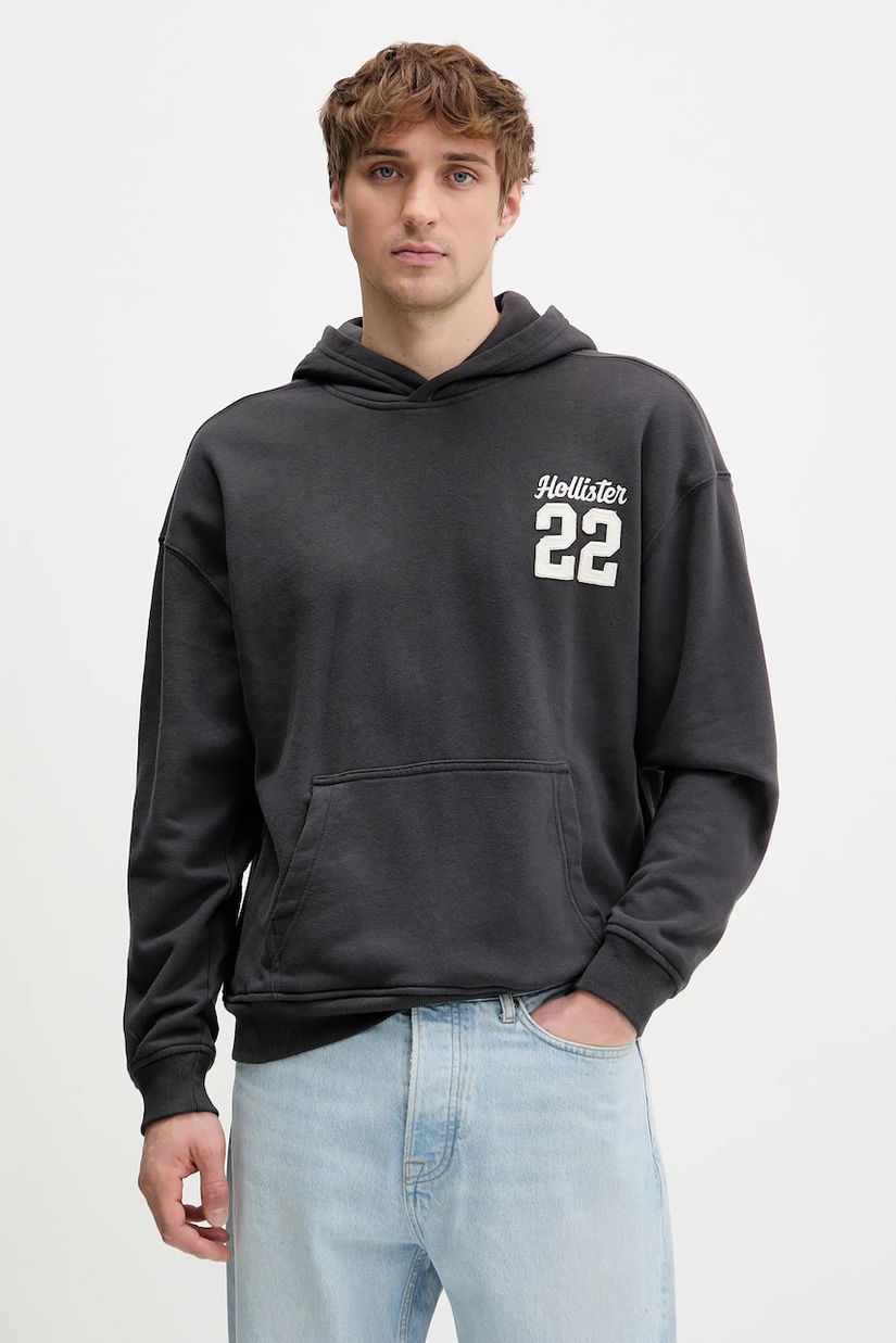 Hollister Co. bluză culoarea gri, cu glugă, cu imprimeu, KI322-5388-901