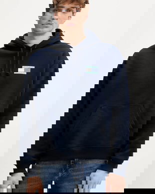 Tommy Jeans hanorac de bumbac culoarea bleumarin, cu glugă, cu imprimeu, DM0DM22379