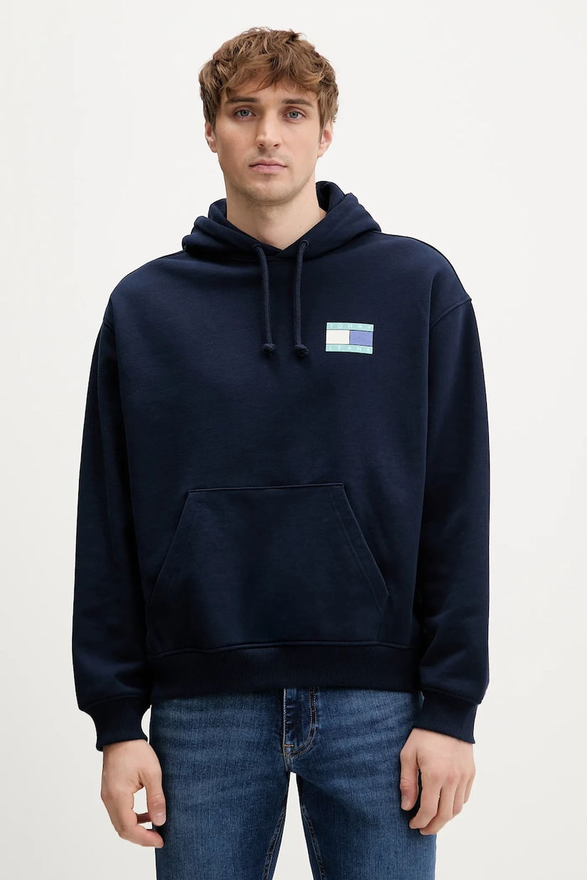 Tommy Jeans hanorac de bumbac culoarea bleumarin, cu glugă, cu imprimeu, DM0DM22379