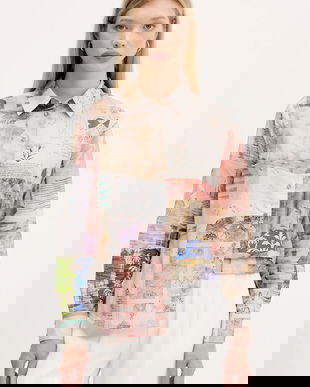 Desigual cămașă din bumbac PHOTOPOST culoarea bej, cu guler clasic, regular, 25WWCW18