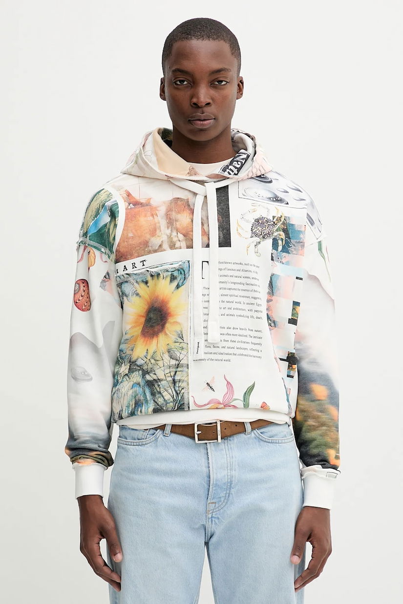 Desigual bluză BRADFORD culoarea bej, cu glugă, cu imprimeu, 25WMSK11